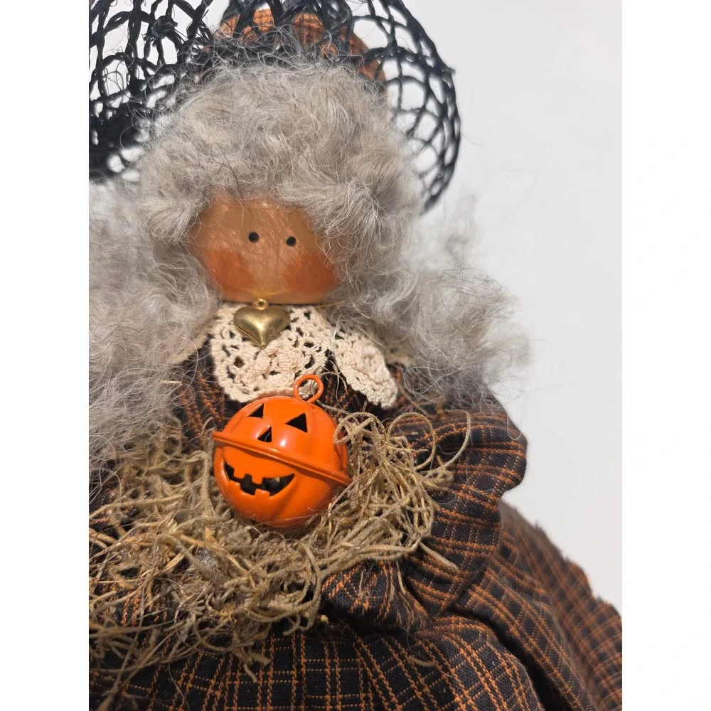 Vintage Primitive Halloween Witch Doll Handmade Folk Art Plaid Decor 14.5 inch